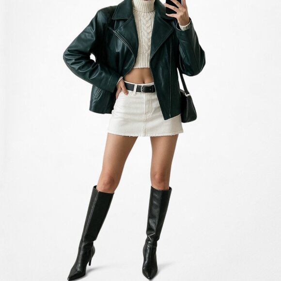 Vintage Y2K Dark Green Motorcycle Faux Leather Jacket Size 6/M - Picture 2 of 6